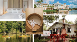 En haut à gauche - Kompose Boutique Resort - en haut à droite - Celebration - au milieu - ette Hotel _ en bas à gauche - activité kayak - en bas à droite - Susana's Café - crédit photo - Experience Kissimmee