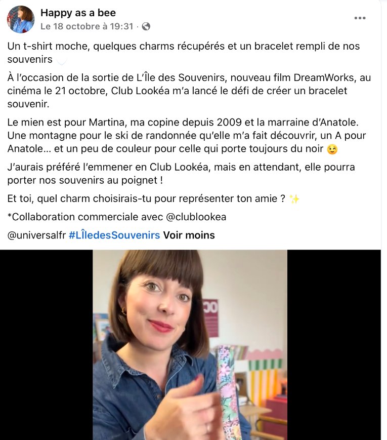 Publication de l’influenceuse Happy as a bee pour Club Lookéa