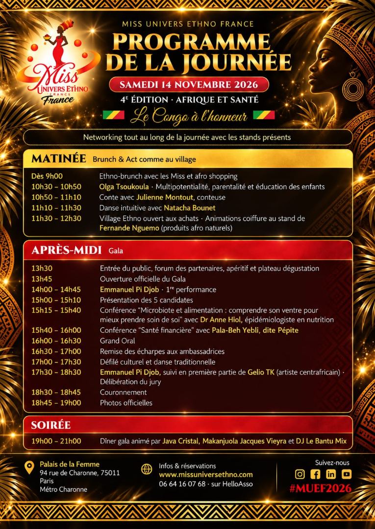 Programme de la journée Miss Univers Ethno France du samedi 14 novembre 2026
